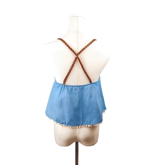 Double Zero Blue Ruffle Cropped Tank Top Braided Straps Size S Denim - Picture 2 of 4